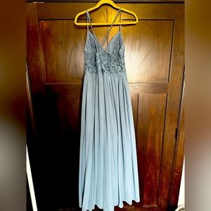 Azazie twilight blue bridesmaid dress. Lace and chiffon.